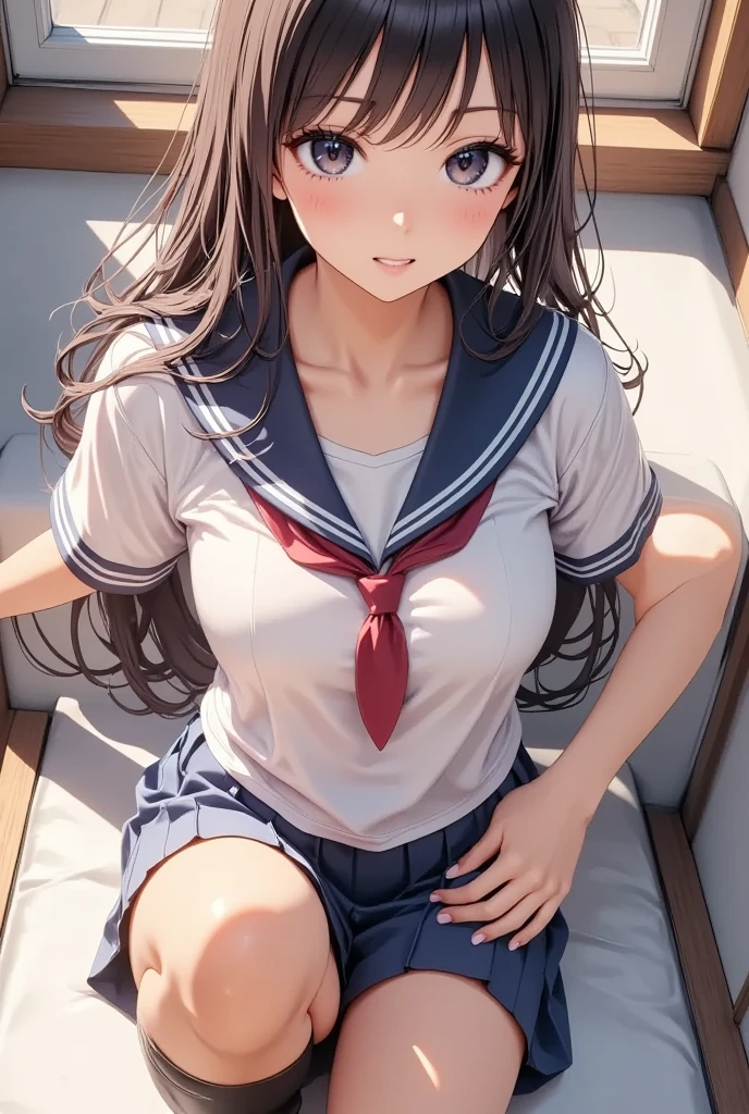 anime girl in uniform posing on a bed with her legs crossed, seductive anime girl, beautiful anime high school girl, a hyperrealistic schoolgirl, hyperrealistic schoolgirl, realistic schoolgirl, attractive anime girl, smooth anime cg art, anime visual of a cute girl, anime best girl, beautiful alluring anime teen, cute schoolgirl