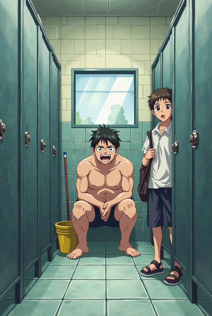 In the morning bathroom, a slender and mascular young man in his tighty whities is pissing himself. He is desperate for pee. Very eager to urinate. There's a urinate stain on the centre of his white briefs. Urinate is dripping down from his tighty whities. Pee puddle at his feet. He could not hold pee. He looks embarrassed. His younger brother finds it funny and laughs at him. Anime.
