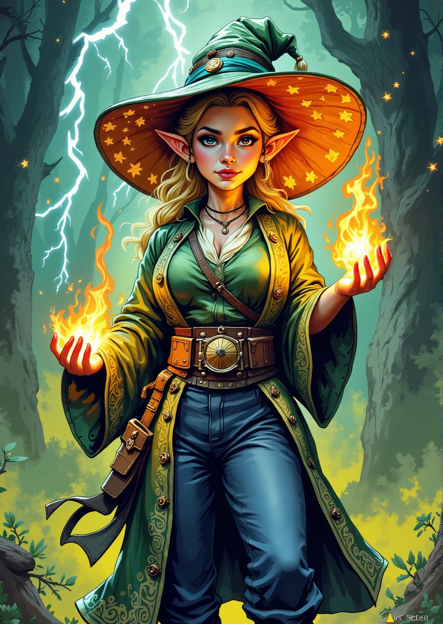 An extremely detailed comic book illustration of a stunningly beautiful extremely curvaceous Gnome from Dungeons and Dragons petite magical folk with big eyes and pointed ears created by gods of invention and illusion seldom seen by other folk due to the gnomes' secretive nature and their propensity for living in forests and burrows making up for their small size with the cleverness trained as a Dungeons and Dragons Evoker Wizard capable of wielding explosive fire arcing lightning subtle deception and spectacular transformations able to conjures monsters from other planes of existence glimpses the future and form protective barriers taking a scholarly approach to magic whose studies focus on magic that creates powerful elemental effects such as bitter cold searing flame rolling thunder crackling lightning and burning acid presenting a vibrant and dynamic appearance embodying the essence of a powerful sorceress reflecting her magical abilities wearing a wide-brimmed pointed wizard hat adorned with decorative elements like ribbons or charms with a slightly whimsical flair suggesting a playful yet powerful character with a long flowing robe featuring intricate patterns representing stars or mystical symbols enhancing its magical appearance with wide bell-shaped sleeves flowing gracefully lined with a contrasting color adding depth to her outfit over a fitted tunic that complements her figure a wide belt that cinches her robe featuring pouches adorned with decorative buckles that match her overall aesthetic with fitted trousers with flames in one hand showcasing her magical prowess and emphasizing her power her outfit combines elements of traditional wizardry with vibrant colors and magical motifs embodying a character who is both powerful and enchanting ready to wield her magic with flair in an art style inspired by Frank Miller and Conan the Barbarian. The background is awash in brushstrokes in mystical tones. Standing in a dynamic action pose. Trending on Art Station