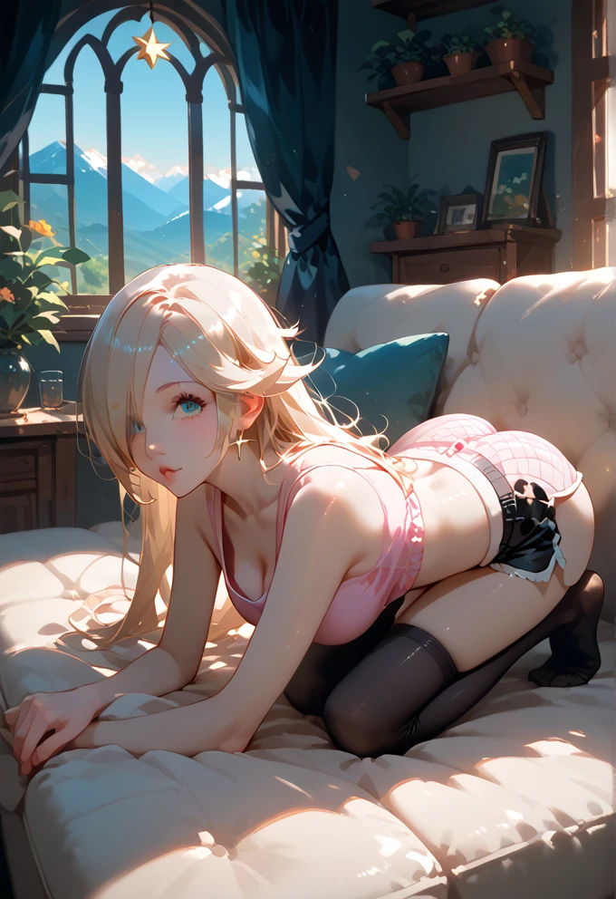 (Browsing Caution), (masterpiece, Highest quality), ((Seat image)), (((Completely naked: 1.3))), (Presidential Suite), (((Cute baby face, Cute 8-year-old girl))), (Long pointy ears: 1.2), alone, Perfect body, (Anatomically correct, A taut, slim and toned body, Average breast size), Highly detailed eyes, (A perfectly symmetrical and beautiful face), Beautiful green eyes, double eyelid, Thin eyebrows, Natural Cheeks, (Glowing White Skin), ((Elegant long wavy platinum blonde hair, Bottom half pink)), (Dazzling Smile), See-through lingerie, Crystal Hair Ornament, choker, necklace, bracelet, anklet, lace overknee socks, A strange futuristic city at night seen from a window,