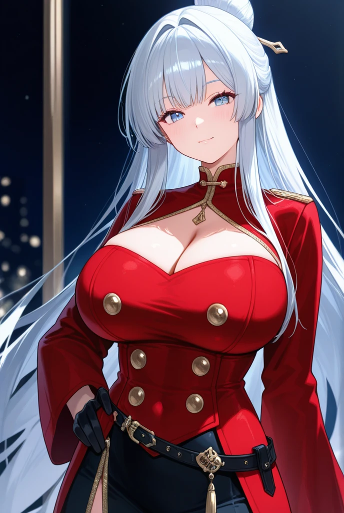 "4k, deep dark ruin without light, there's a elegant mature woman, White Hair, half braided hair, black eyes, huge breast wears  magic school academy uniform with red coat, she look cool, she have seductive smile."