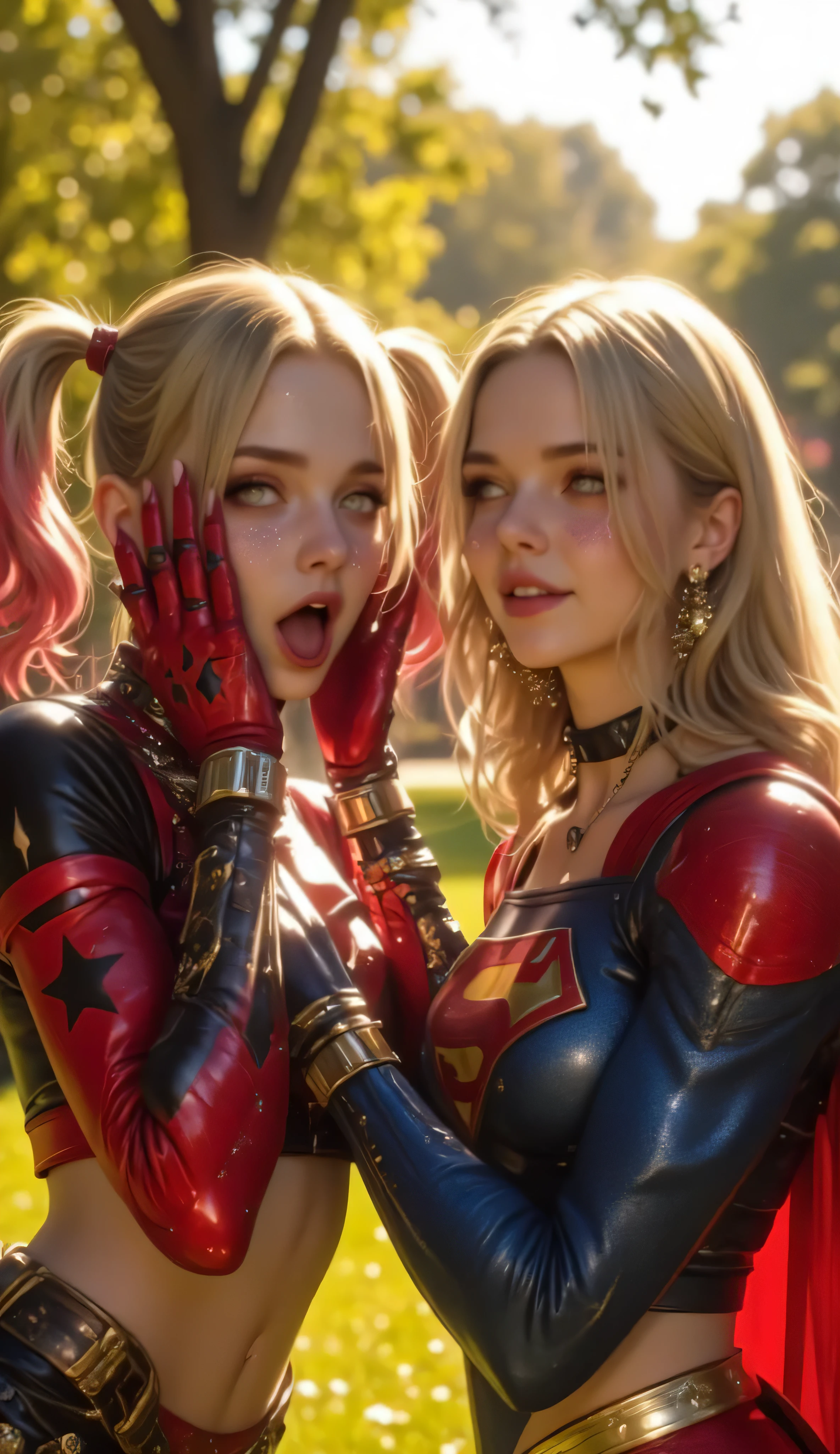 A hyper-realistic, ultra-detailed 8K cinematic image focusing on Harley Quinn and Supergirl in a sunlit park. The two female characters are standing side by side, both reacting dramatically to someone off-frame (or just slightly visible) who is incredibly handsome.
Harley Quinn wears her signature red-and-black outfit with playful pigtails. Her expression is exaggerated — eyes wide, eyebrows raised, and hands pressed to her cheeks in mock shock, clearly overwhelmed. She's leaning slightly forward, mouth open in disbelief.
Supergirl, in her iconic blue and red suit with her cape flowing behind her, is frozen in place. One hand is clutching her chest while the other lightly covers her mouth, her eyes sparkling as she blushes with surprise and admiration.
The lighting is bright and warm, with the park environment softly blurred to keep the full cinematic focus on Harley and Supergirl’s emotional reactions.
Optional: A very handsome hero (like Spider-Man or Superman) can be subtly seen in the background, smiling humbly or posing casually, triggering their stunned reactions.
Mood: Funny, lighthearted, and full of personality — capturing the unexpected charm and effect of a hero’s looks on two powerful women.