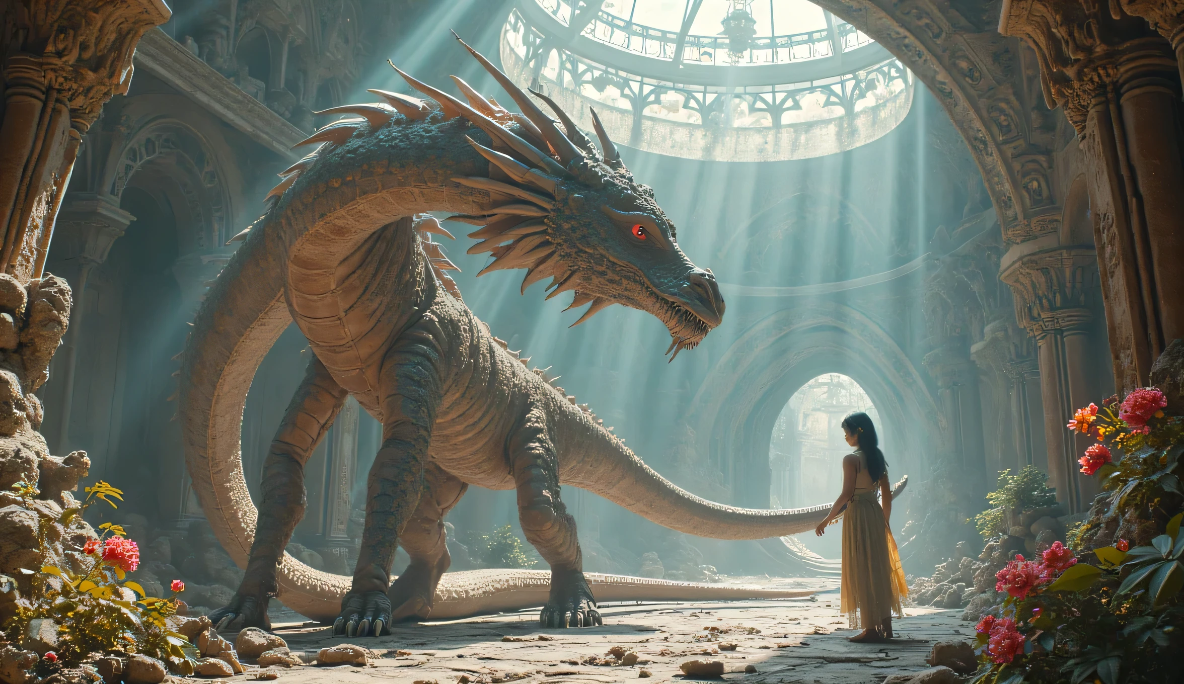 A majestic gigantic evil dragon standing tall, its scales shimmering in shades of emerald and gold. Around its neck, the dragon wears a high-tech AIwearable necklace with glowing blue circuits and a small, intricate central device. The background features a mix of ancient ruins and futuristic technology, blending the fantasy and sci-fi elements seamlessly. The dragon's eyes are intelligent and curious, reflecting its connection with advanced technology. In the foreground. An ultra hot gorgeous European woman. Age 23. Full lips. Epic cleavage (100E size bra) in sheer lace evening dress. Sensual pose.