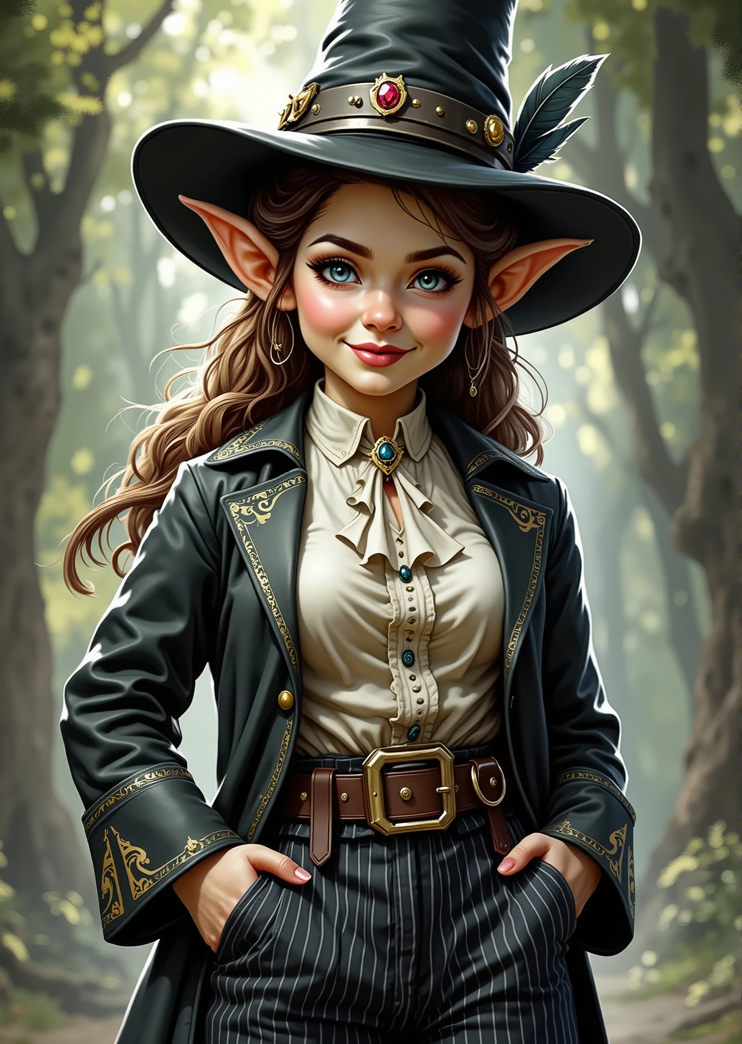 An extremely detailed comic book illustration of a stunningly beautiful extremely curvaceous Gnome from Dungeons and Dragons petite magical folk with big eyes and pointed ears created by gods of invention and illusion seldom seen by other folk due to the gnomes' secretive nature and their propensity for living in forests and burrows making up for their small size with the cleverness trained as a Dungeons and Dragons Illusionist Wizard capable of wielding explosive fire arcing lightning subtle deception and spectacular transformations able to conjures monsters from other planes of existence glimpses the future and form protective barriers taking a scholarly approach to magic specializing in magic that dazzles the senses and tricks the mind exuding a whimsical and charismatic charm embodying the essence of a magician or illusionist with a bright joyful smile that conveys confidence and playfulness with eyes that sparkle with mischief suggesting a love for magic and performance with long wavy hair cascading down her shoulders adding to her youthful and vibrant appearance framing her face beautifully under a tall structured magician's hat that is dark with a wide brim adorned with a gemstone and a feather giving it a dramatic flair and enhancing her performer’s persona with a fitted coat that is stylishly tailored featuring a high collar and metallic trim decorated with magical motifs or symbols emphasizing her role as a magician over a shirt with a ruffled front and pinstriped fitted trousers adding a playful element while maintaining a classic magician aesthetic with a belt cinching her waist with pouches her outfit combines elements of classic magician attire with a youthful twist embodying a character who is charming and skillful ready to dazzle her audience with her magical talents in an art style inspired by Frank Miller and Conan the Barbarian. The background is awash in brushstrokes in mystical tones. Standing in a dynamic action pose. Trending on Art Station.