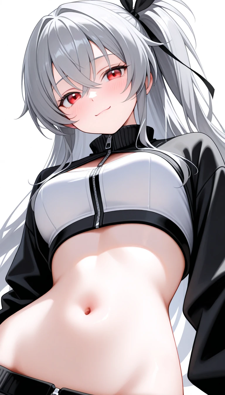 best quality, masterpiece, highres, solo, {prinz_heinrich_azurlane:1.15}, long_hair, red_eyes, breasts, white_hair, large_breasts, bangs, mole, mole_under_eye, open_mouth, smile, blush, very_long_hair, ribbon, necktie, hairband, hair_ribbon, hair_between_eyes, 1girl, crop_top, looking_at_viewer, underboob, armpits, arms_up, detached_sleeves, skirt, black_necktie, black_sleeves, shirt, simple_background, hair_over_one_eye, one_eye_closed, ribbed_shirt, white_background, arms_behind_head, black_skirt, pleated_skirt
