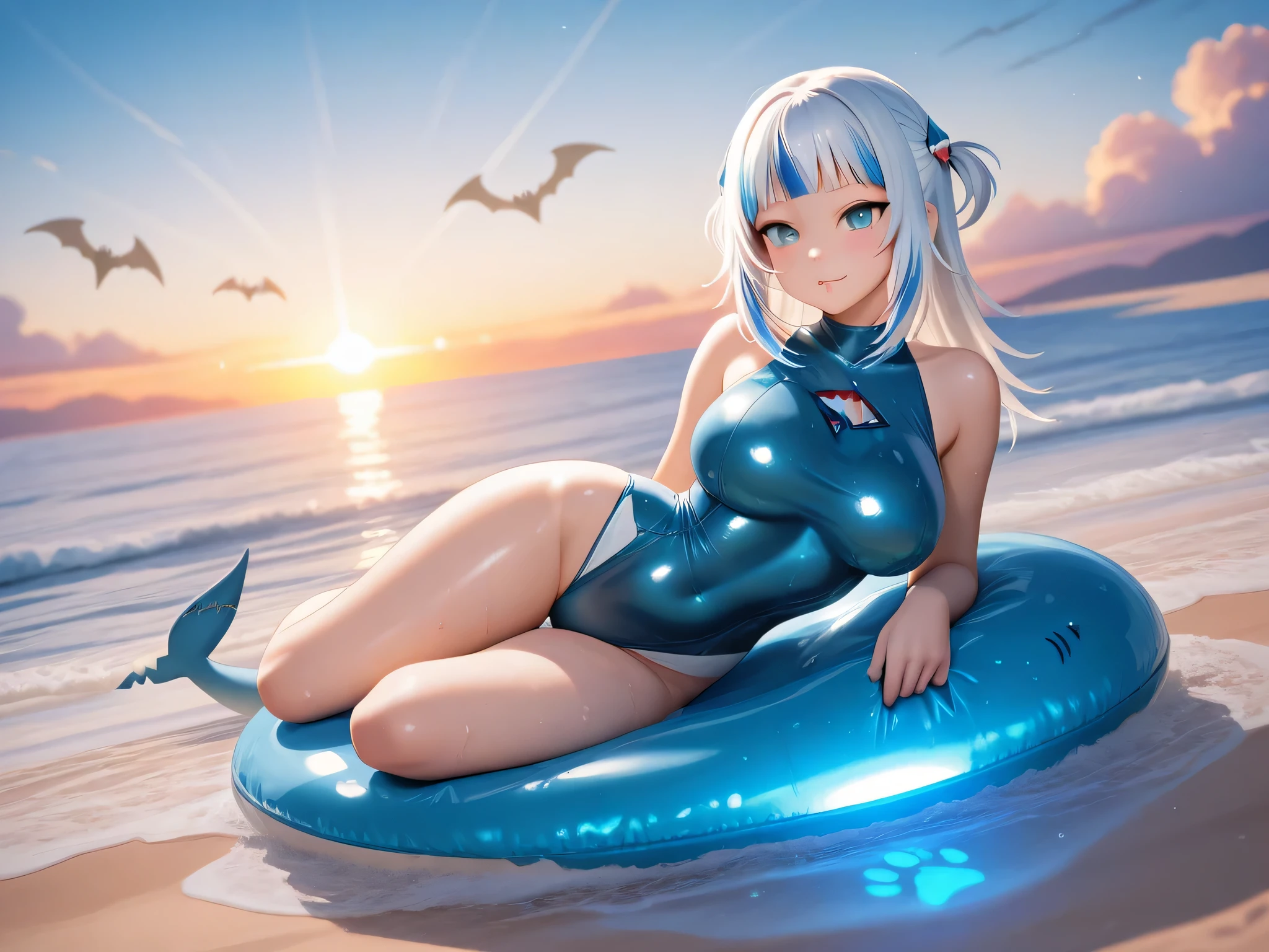 Gawr Gura, hololive, vtuber, anime semi-realistic style, vibrant sunset palette, in a tight futuristic swimsuit with metallic blue and white textures, enhanced curves, large breasts, perfect hourglass body, flawless skin, shimmering with golden light, long silver-blue hair blowing in ocean breeze, wide and shiny aqua eyes, adorable and flirty expression, sexy pose reclining on the sand with one leg raised, futuristic beach with floating islands in the background, magical sky with two suns, lens flares, floating orbs and particles, light sparkles on water, glowing footprints, detailed clouds, wet sand reflections, ultra high resolution, cinematic tone, no distortions, breathtaking atmosphere, high quality render