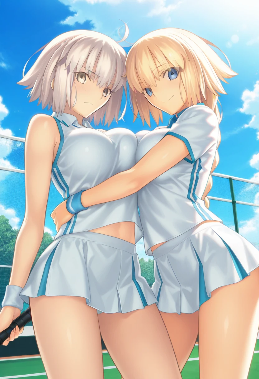(cute eyes:1.3), (sparkling eyes:1.2), highest quality,wonderful,finely,extremely detailed CG Unity 8K wallpaper, (2 Girls), (white hair, pink eyes, short hair, straight hair, nekomimi, (clothed)), (skinny body:1.3),(huge breasts), ((Sleeveless volleyball uniform:1.2),(Bloomers:1.2)), golden pattern cheongsam), (cum on nipple:1.2),(torn clothes:1.2) (open mouth:1.1), (embarrassed:1.1), (Black knee socks:1.1),(Thighs:1.2),(Waistline:1.2), (from above:1.2)