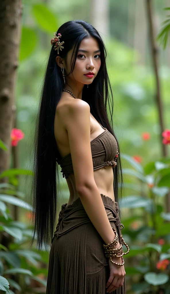 Cute Japanese girl,((full body shot from hair to feet)), ((naked)),(NSFW),with a very large hair bun, the size of the bun is 5 times the size of her head, very big hair bun, huge hair Bun,circular bun, shiny black hair, about 8 meters long hair, length knee hair,very shiny hair, loose hair filling the entire ground,some hair cover front body and stomach,the ground is full of her long hair , ((both hands hold long hair)), ((large breast:1.6)), ,on back yard atmosphere,red rose plant around, laughing,(looking back over shoulder) ,, ((straight hair)),wear black fishnet full body suit , bright sunlight from side,body on sunlight 