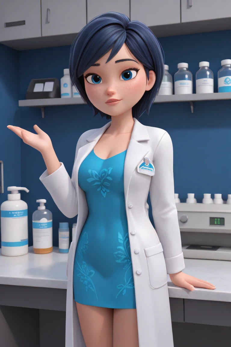 Femle vet mid 20's with short hair and blue eyes, young looking, wearing lab coat, bra,panties, Portait photo. 3d cartoon with accurate proportions, having an orgasm