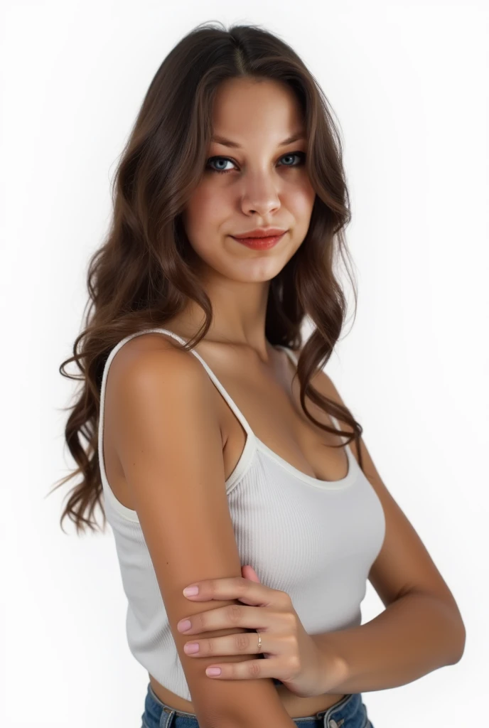 ((Best quality, 8k, Masterpiece :1.3)), 1girl, beautiful woman with emphasis on plump abs: 1.3, full body, (long hair, big breasts: 1.2), oversized tank top: 1.2, ultra-delicate face, delicate eyes, double eyelids, smile, home, random color clothes