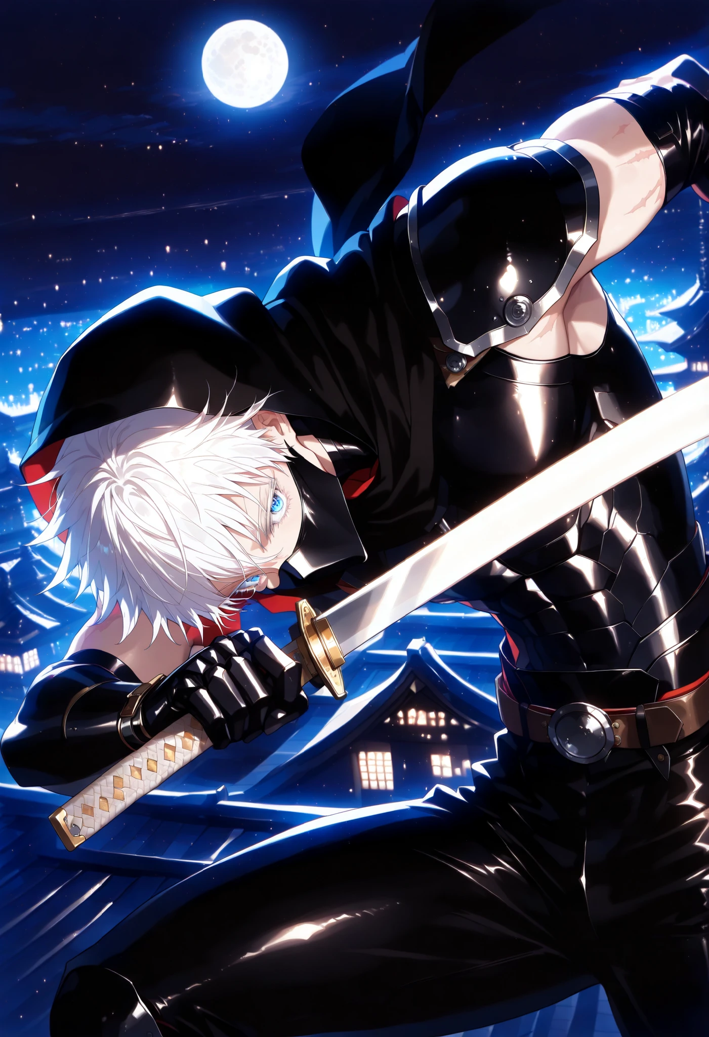 1man, gojou satoru /(jujustu kaisen/), detailed eyes, blue eyes, white hair, short hair, detailed eyelashes, colored eyelashes, sexy man, trained body, muscular, handsome, cool, mature man
scar on right eye, moon, dark sky, standing on a rooftop, temple rooftop, temple complex in the background , (((masterpiece))), (((best quality))), (((ultra detailed))), samurai, holding katana, dynamic pose, fighting, flat color, dark them, ninja outfit, ninja mask, solo, black vest, shoulder armor, gauntlets, black hood, armored gloves, elbow gloves, bodysuit, mask, ninja, mouth mask, hood up, belt, gloves, upper_body, night