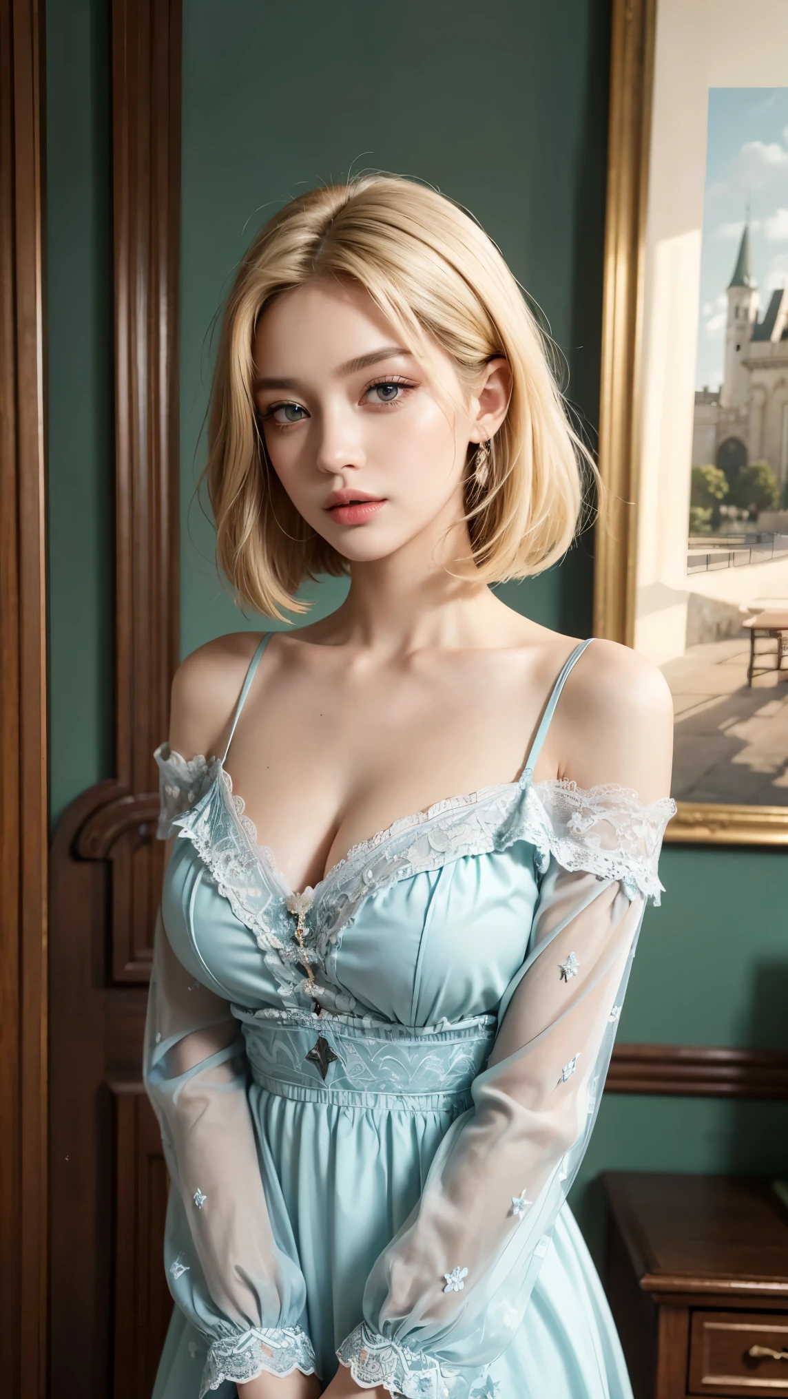 Photographie 4K. very detailed ,belle femelle blonde couleur des yeux bleu clair ,robe ,Occasionnel,seulement