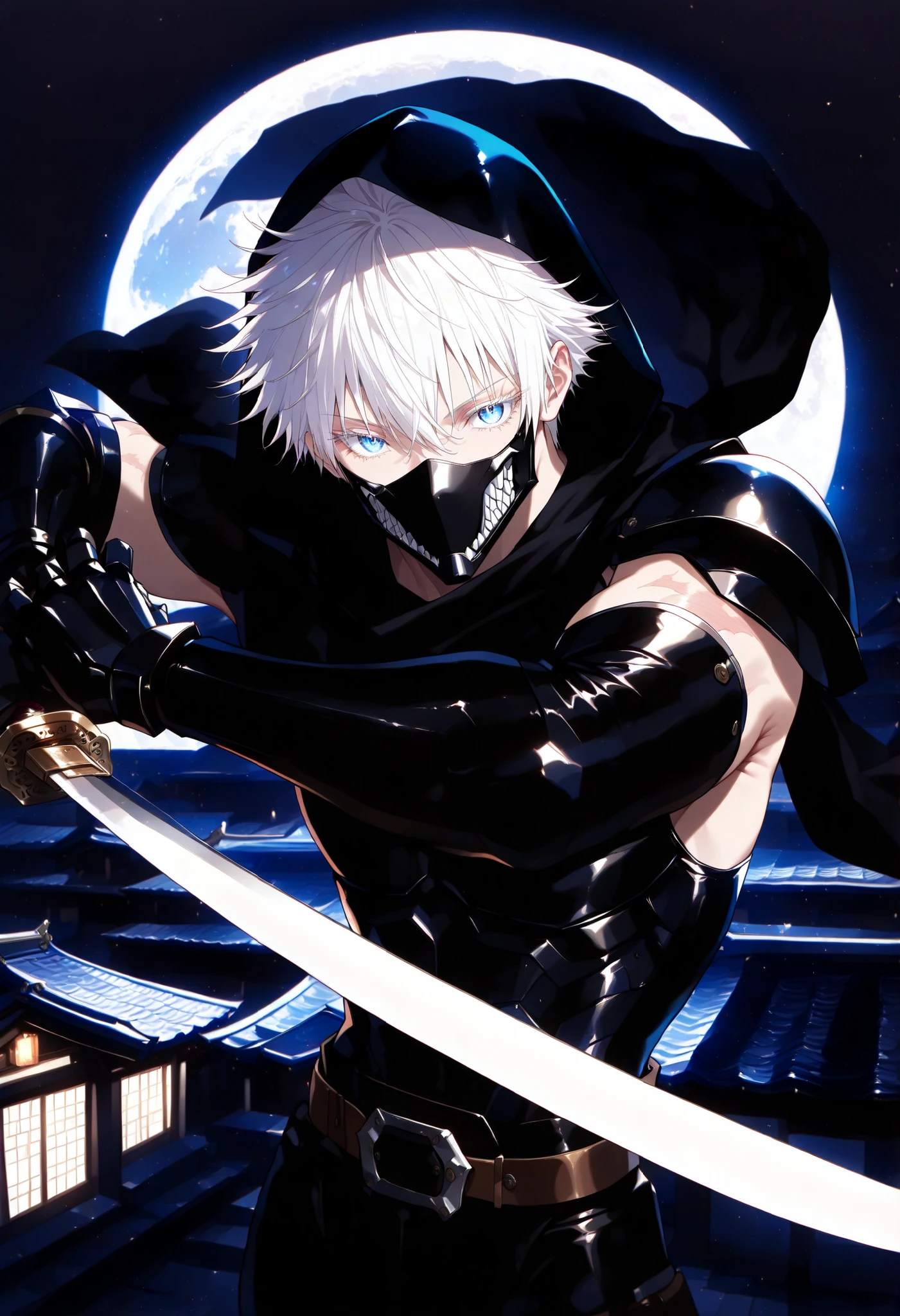 1man, gojou satoru /(jujustu kaisen/), detailed eyes, blue eyes, white hair, short hair, detailed eyelashes, colored eyelashes, sexy man, trained body, muscular, handsome, cool, mature man
scar on right eye, moon, dark sky, standing on a rooftop, temple rooftop, temple complex in the background , (((masterpiece))), (((best quality))), (((ultra detailed))), samurai, holding katana, dynamic pose, fighting, flat color, dark them, ninja outfit, ninja mask, solo, black vest, shoulder armor, gauntlets, black hood, armored gloves, elbow gloves, bodysuit, mask, ninja, mouth mask, hood up, belt, gloves, upper_body, night