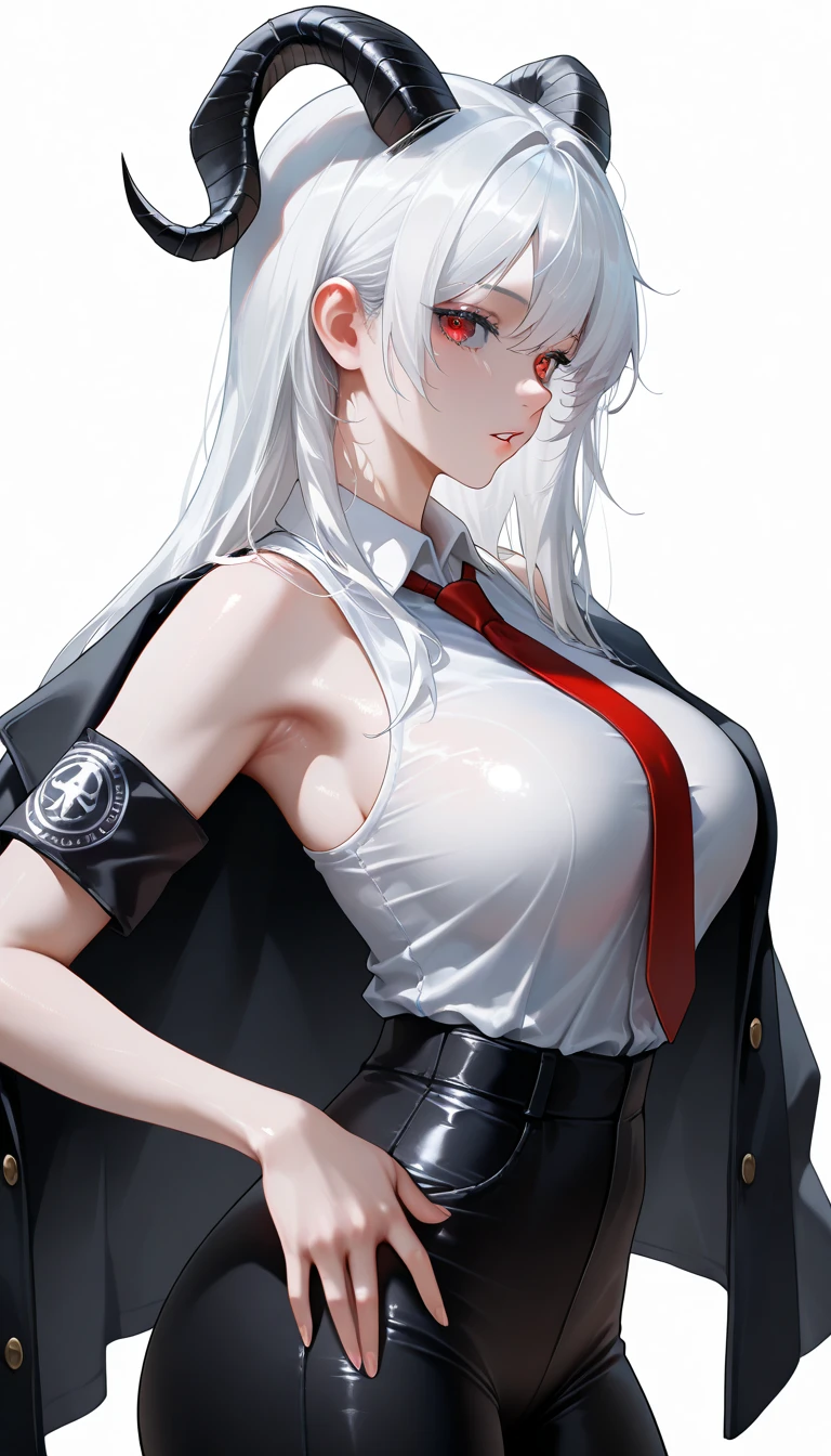 Photograph of the upper body of a beautiful woman, , [see through] ,(black pants:1.47),(Wear a white coat:1.47) (big breasts), (small waist, perfect body), Sharp focus, (tall body, mature woman), ((Looking ahead)), (Highly detailed skin, hair follicles:1.4,white skin) (Long white hair tied half-way down.,purple eyes) wear glasses, (Looks embarrassed.) ,(doctor)
