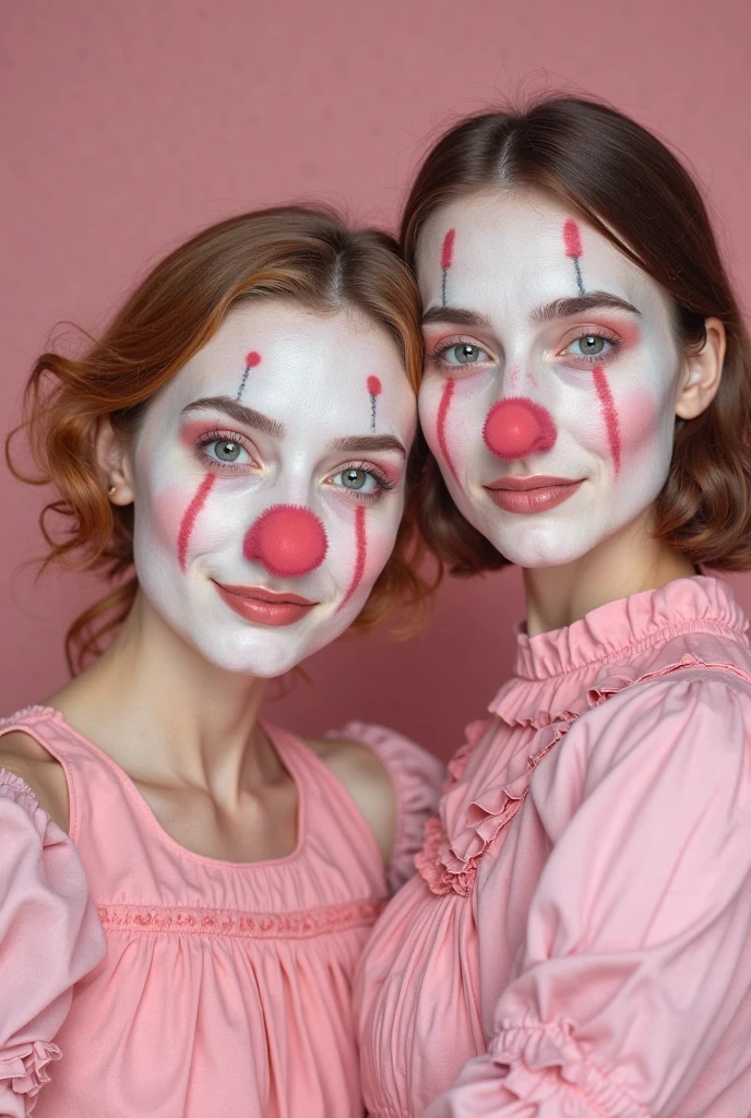 Woman with brown hair and fair skin dressed as a clown and with clown makeup crying red tears