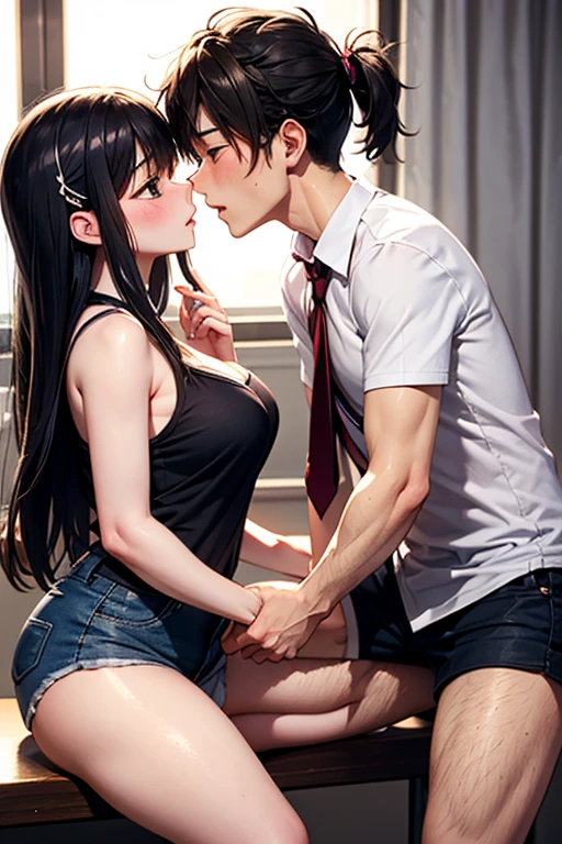 外、trembling effect motion lines with sexual climaxwhite breath、vaginal sex, girl on top, sitting, straddling, ((hug))、Panties、A nice face,black sailor long suit、black skirt、black socks、Side view、black hair、