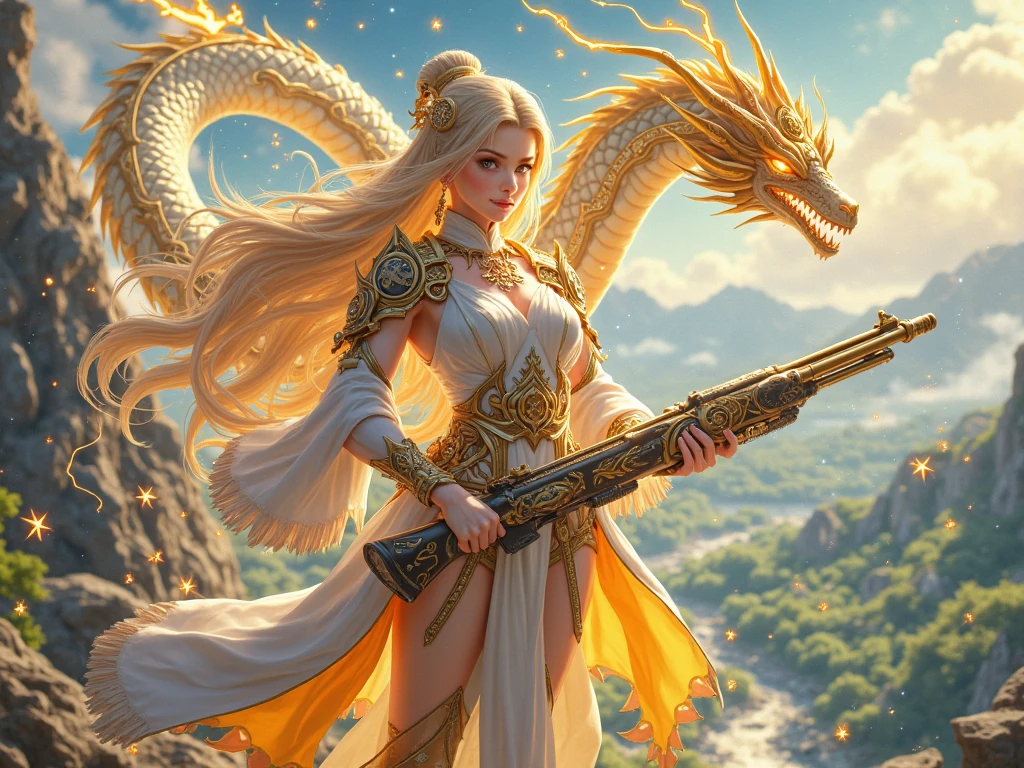 (((nffsw))), (((masutepiece))), (((8K))), (((hight resolution))), (((surrealism))), (((Cinematic lighting))), god rays, Zoom Layer, (((FULL BODYSHOT))), F/4.0, canon, Shiny skin,Detailed skin,Detailed face, Detailed eyes, Goddess of Dragon Charmers, Sharp eye light, See-through elegant dress, , Goddess Tiara, riding a dragon, Feet exposed, Dragon Shield, Dragon Sword
