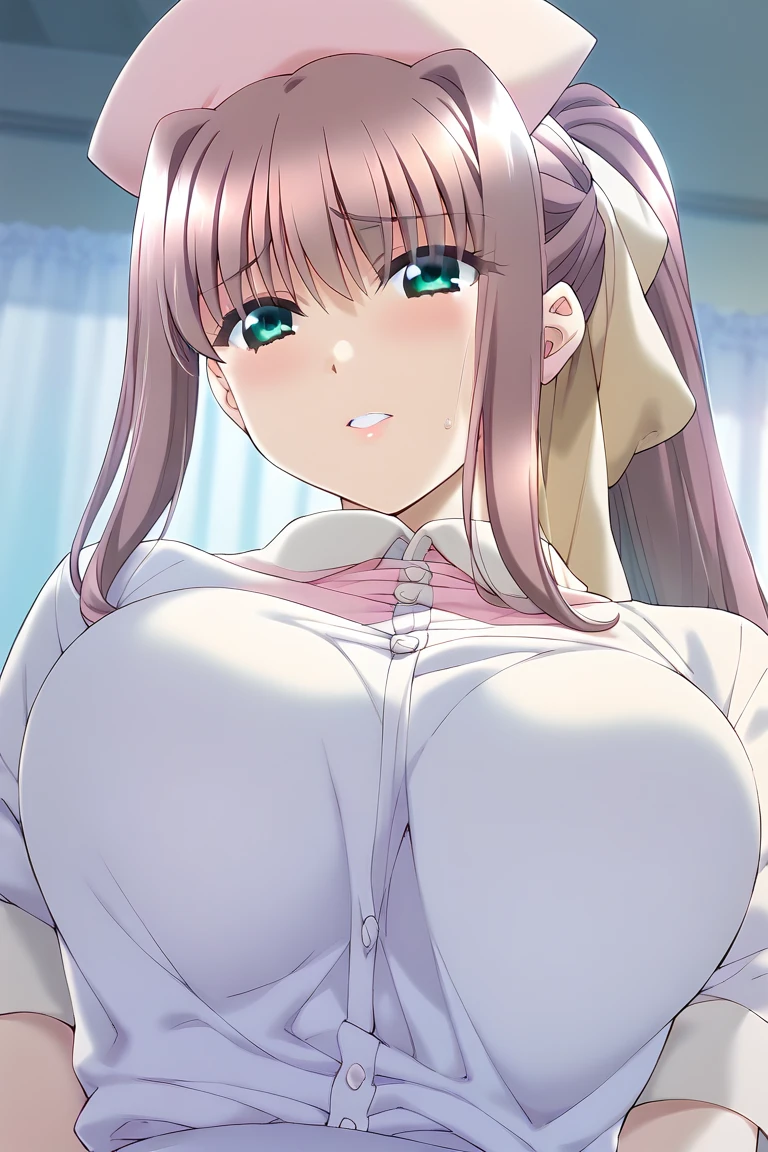 Hanako-default, Hanako \(blue archive\), one side up, halo, white shirt, swimsuit, shirt, see-through shirt, see-through cleavage, see-through, pink bikini, oversized shirt, oversized clothes, cleavage, bikini under clothes, bikini, spreading legs, small bottoms, smile, cameltoe