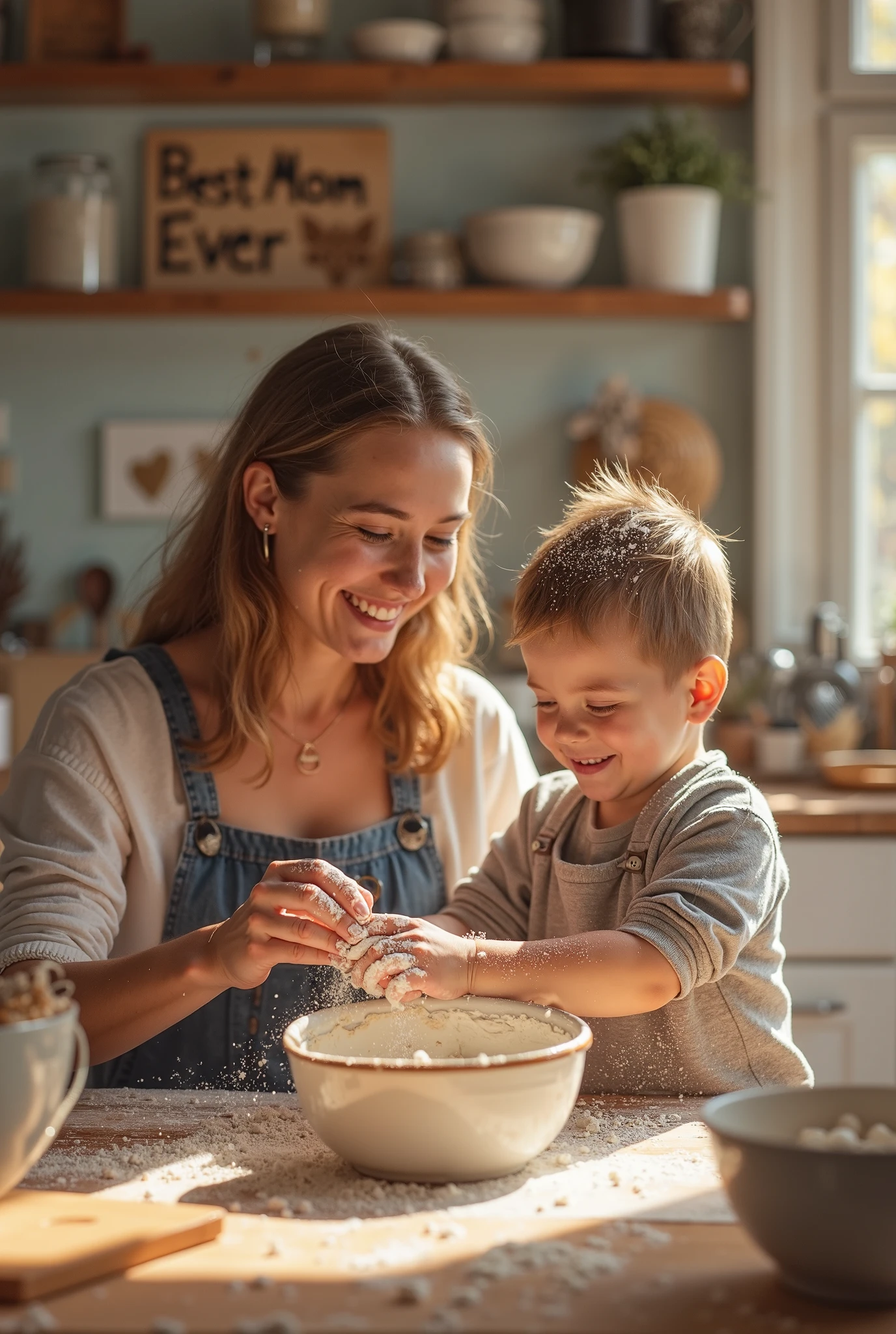 image of mother and son teaching him some skill with eyes with excellent definition and with a thinking face and as realistic as possible