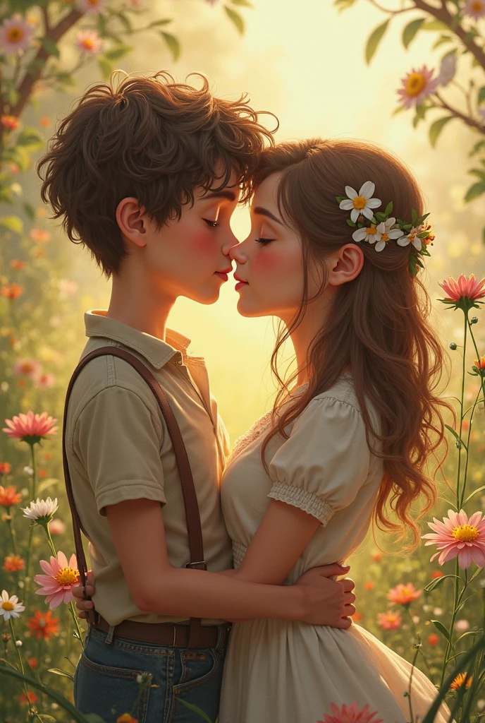 15 year old boy with brown hair, fair skin and brown eyes kissing a blonde girl.
