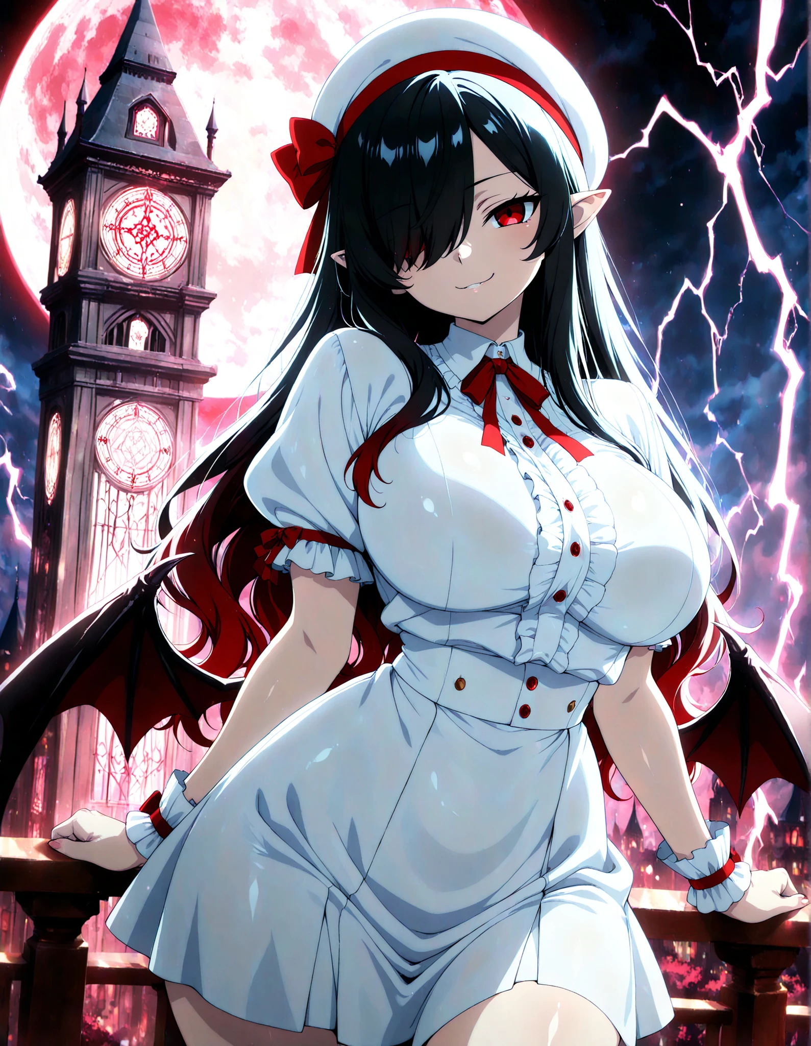 1 girl, Kuroki Monika, red eyes, gradient hair, black hair, red hair, long hair, asymmetrical hairline, hair over right eye, ((large breasts)), (petite but curvy), very cute, lovely, bat wings, wings, hat, hat ribbon, short sleeves, wrist cuffs, puffy short sleeves, red ribbon, frilled shirt, white skirt, frilled, white shirt, frilled sleeves, pointy ears, white headwear,masterpiece, best quality,ultra detailed,(lady:1.3),(confident expression:1.3),Vampire girl with fine silver indigo hair. A holographic clock tower. A glowing hexagram in the sky. Lightning. A world with an original and fantastical atmosphere,red moon,beautiful composition, cinematic lighting, extremely detailed, 8k, cinematic postprocessing, ((4k,8k,Ultra HD)),((Masterpiece :1.2)),((Best quality :1.2)),((Detailed :1.5)),((Detailed background :1.5))