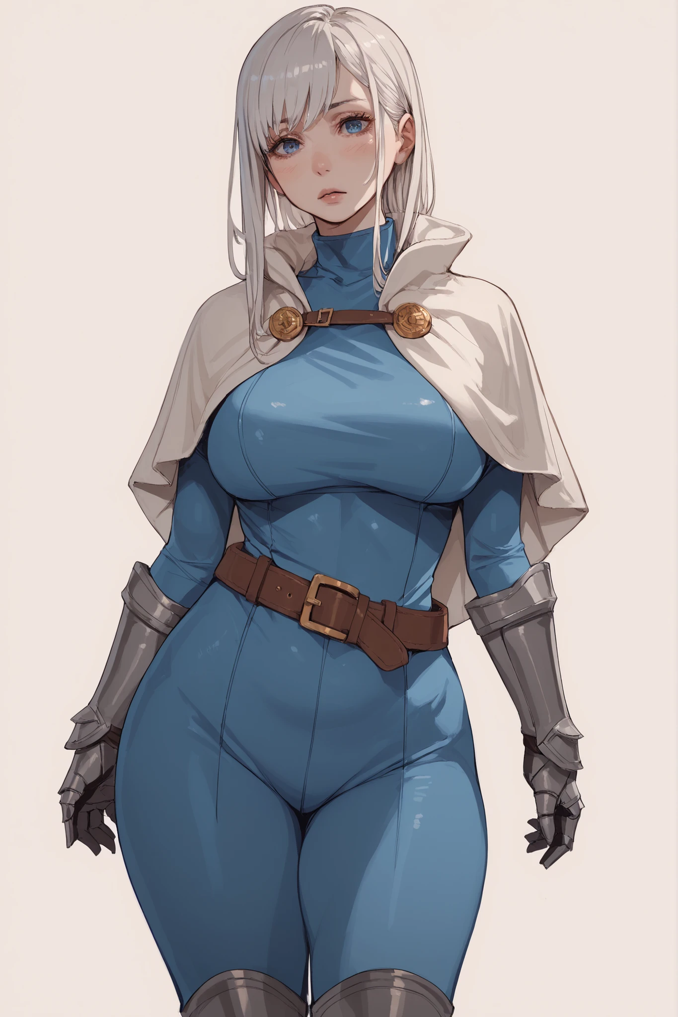 1 girl, long white hair, side bangs, blue eyes, blush lines, pale skin, voluptuous, big breasts, blue bodysuit, white capelet, brown boots, belt, silver gauntleds, simple background