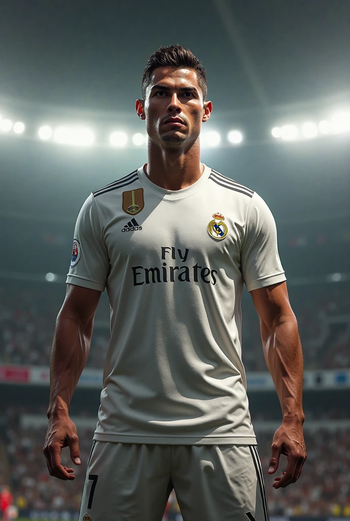 Create Cristiano Ronaldo being photographed wearing the season 24 shirt/25 of Real Madrid at the Santiago Bernabéu after a game against Atlético de Madrid