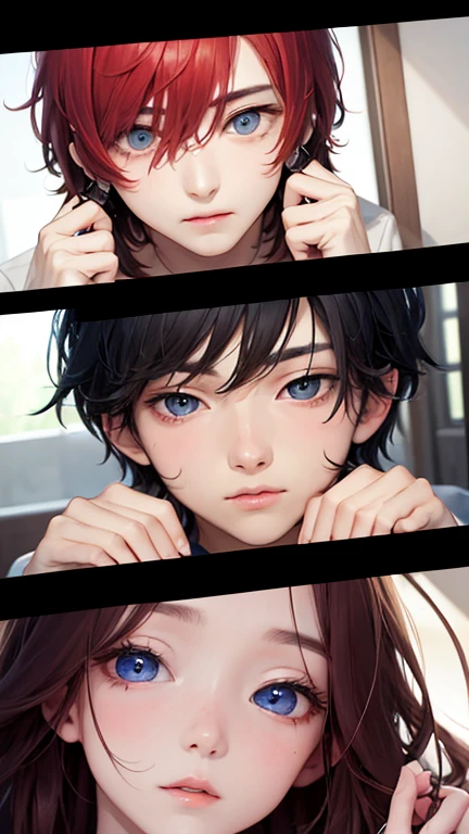 (masterpiece,best quality,ultra_detailed,highres,absurdres),boy, (handsome face), black wolfcut hair, school uniform, classroom, handsome, snow white skin, red eyes, fangs (looking away:1.2)