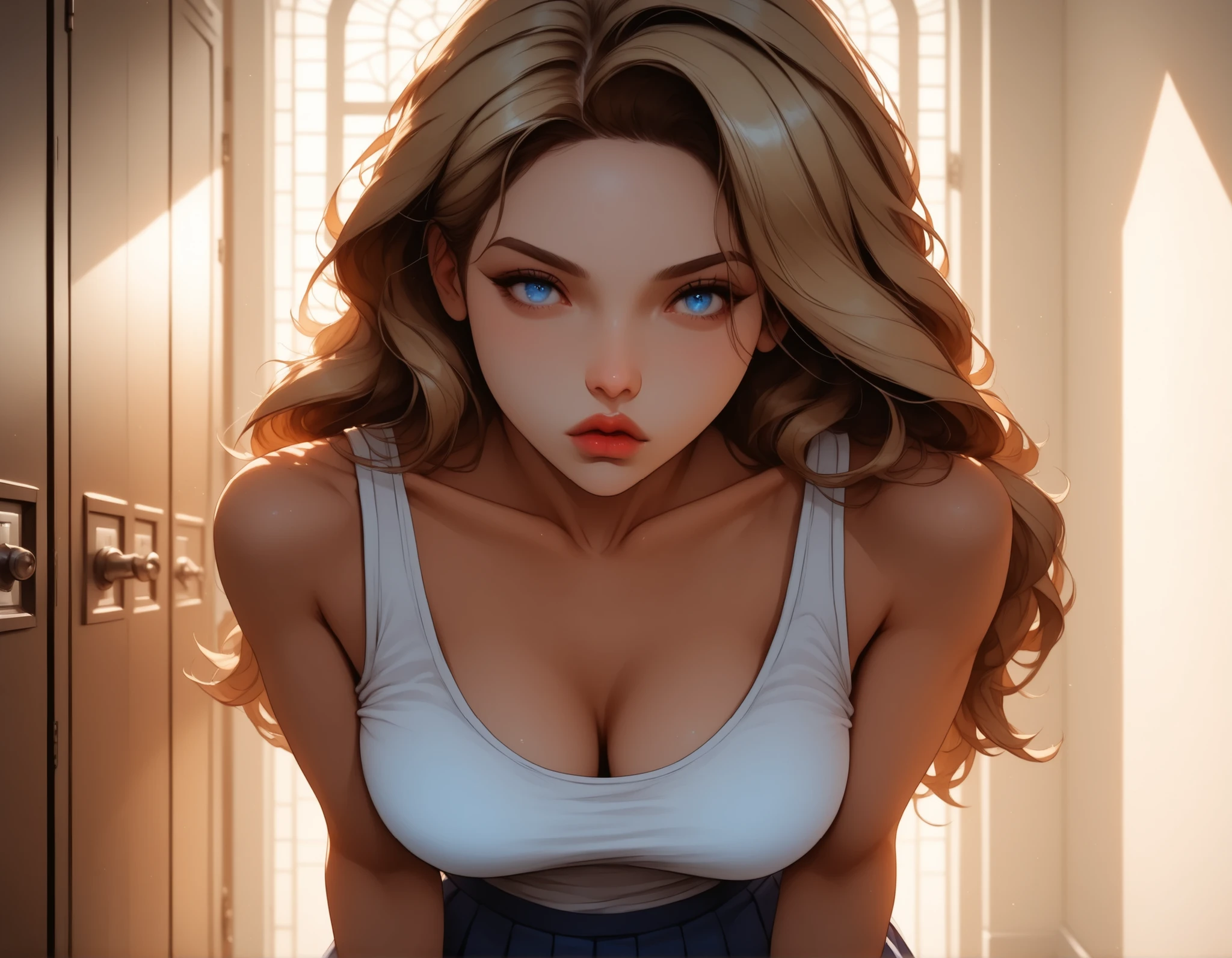 portrait, elegant adult woman, blue eyes, blonde hair, 4k resolution, high quality cg, beautiful cg, soft light
 sultry look, seductive,
