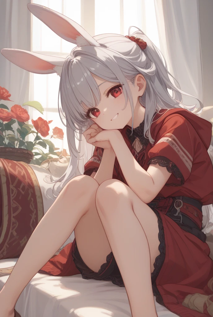 One girl, wearing one white eyepatch, holding a stuffed bunny, short white hair in two pigtails l, With a Hood, bunny ear accessories, Wearing a white short dress, red eyes, Lying in a pile of flowers
