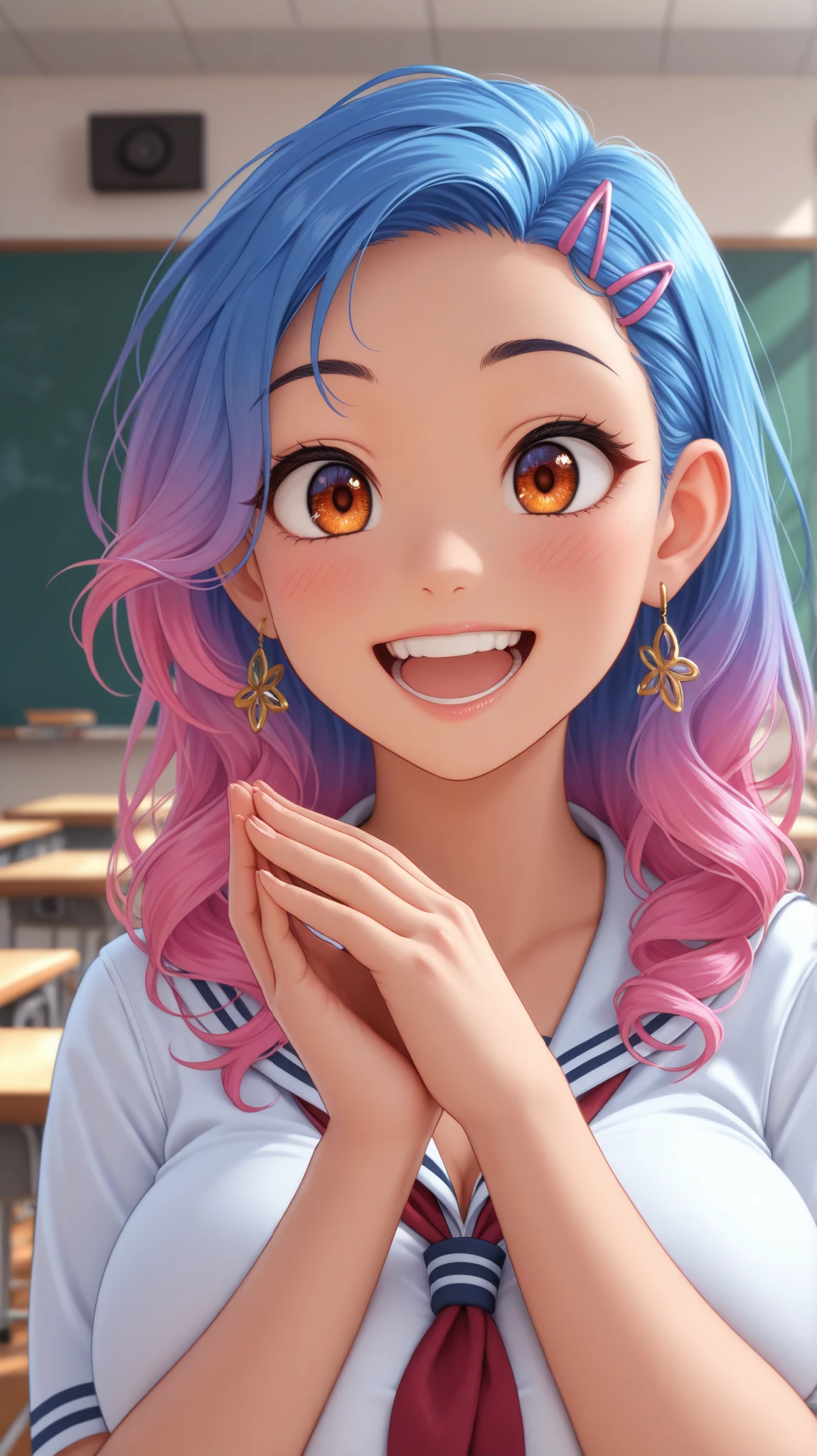 two school girls, classroom, wearing school uniform, large breasts, dynamic hair, vibrant hair, head only, close up, zoomed in, gal, high detail, 4k, real skin, lots of hair clips, cute earring on one ear, happy, mouth open, hands together, hands titled to the left