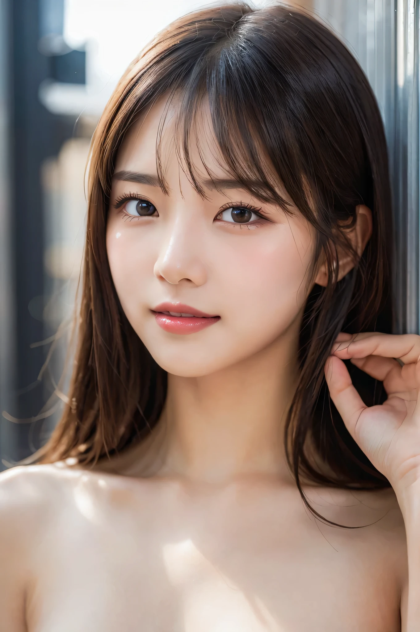 table top, highest quality, shape, Super detailed, finely, High resolution, 8k wallpaper, perfect dynamic composition shape, finely beautiful eyes, ladies fashion summer,ponytail hair,small breasts natural color lip, bold sexy pose,smile,20 year old girl、cute、sexy shot looking at camera,Wake up,Realistic quality,blonde,Eyes to the left,A little sharp beauty,Don'don't wear clothes,whole,topless nude