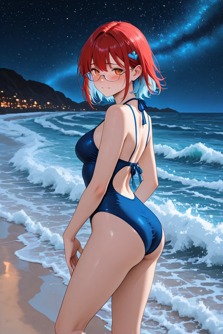 High resolution, (masterpiece: 1.4), Super detailed, (1 female: 1.3), (alone: 1.4), firework, short bob, smile, light, Makoto Shinkai style,Ultra-fine illustration, Bright colors, cinematic light, exciting light production, attention to detail, Bright colors, Large lateral breasts, think back, Happy, smile, from below,anime art style, cute characters, nino nakano, one-piece swimsuit, large breasts, pantyhose