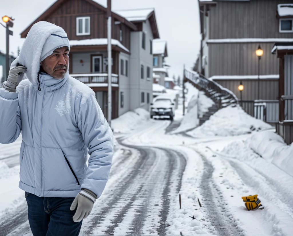 Create an image that conveys a sense of coolness and investigation. Use shades of blue and gray to depict a winter landscape with snow-covered buildings and icy roads. Use their body language and facial expressions to show your determination to crack the case. Add elements like footprints in the snow, digging tools and forensic equipment to enhance the sense of investigation.