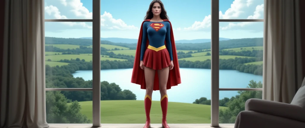 Ellie, alone, 20-year-old woman, side-parting voluminous straight shoulder-length haircut, tanned-skinned, raven hair, brown eyes, wearing 1980s supergirl costume, red lipstick, large breasts, slim body, neutral facial expression, standing side-on, both arms down by sides, looking-just-off-camera, in urban street, almost-full body photo, hyperdetailed photography
