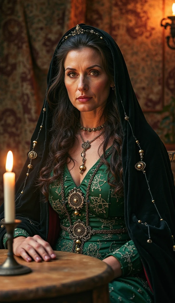 Portrait of an elderly woman with a cape on her head 、estilo de fantasia steampunk, Shaman, bruxa, Close-up of the craftsman、detailed hand depiction、anel pedra verde, olhando a mata