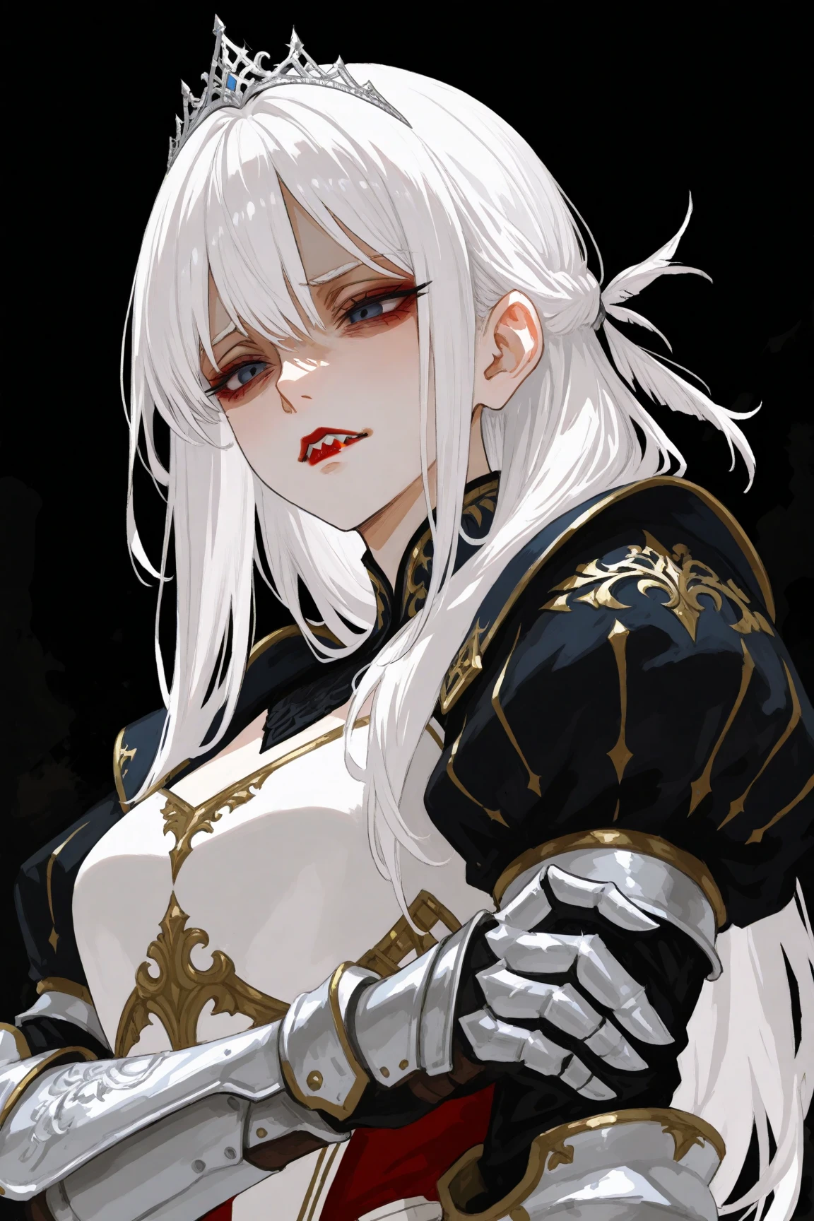vampire, masterpiece, best quality, super detailed, illustration, super detailed face, best face, evil,, adult, 1girl, 30 years old, big breasts, no humans, gray hair, torn armor, cross necklace, cape, belt, pale skin, intricate details,