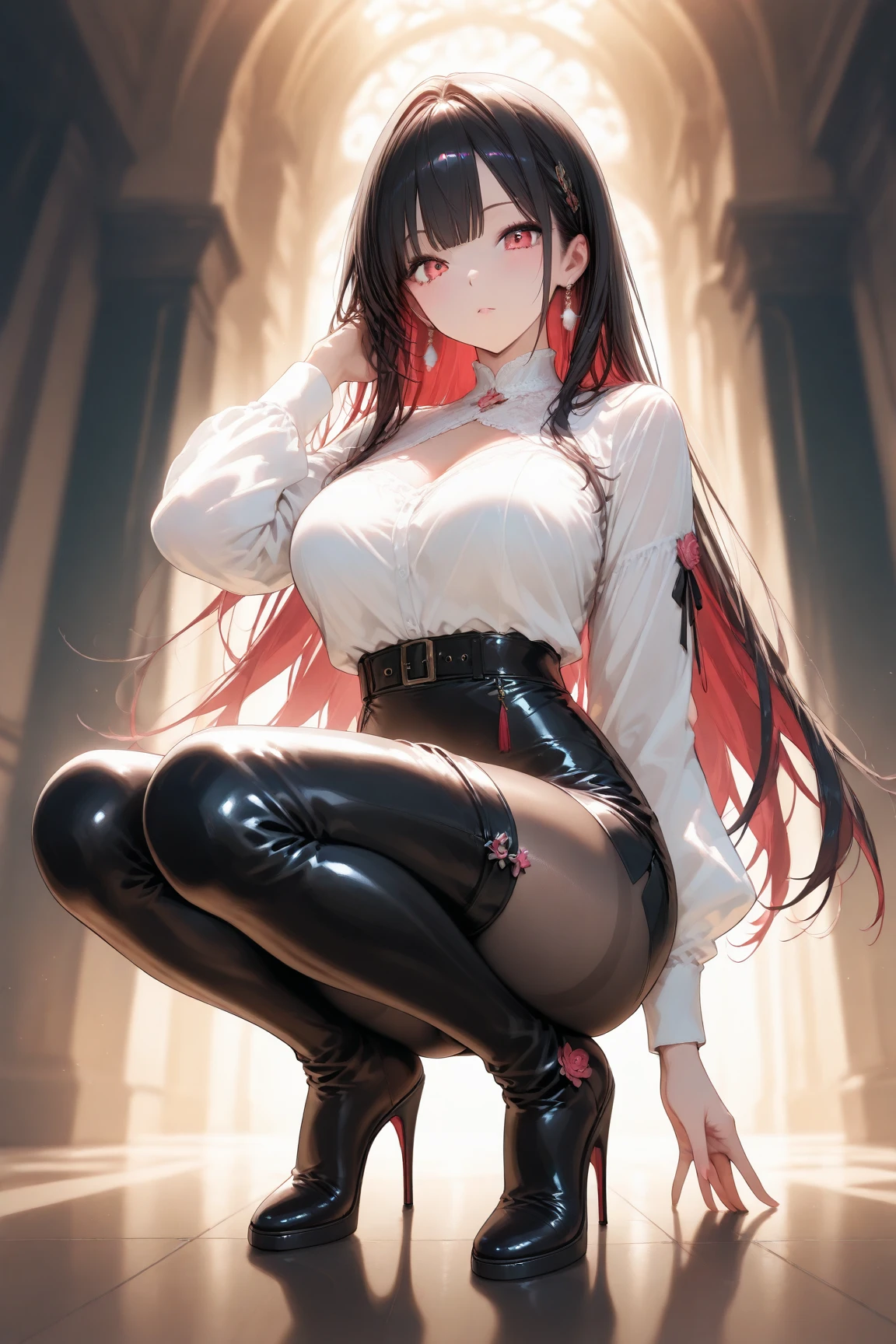 Raise your legs and hang in the air,Expose the soles of your feet、Lie down with your hips turned away、soles of feet、M-shaped legs、Woman opening her legs、Clothes melting、master piece、1人、独奏、Braids、Torn clothes、Handcuffs、Chains、a navel、Tears、(back arms:1.2)、shibari、Chains、heart - shaped pupils、Scream、Hand flail、Flail、Ruined restroom、red hair、White shirt、black necktie、Black pants