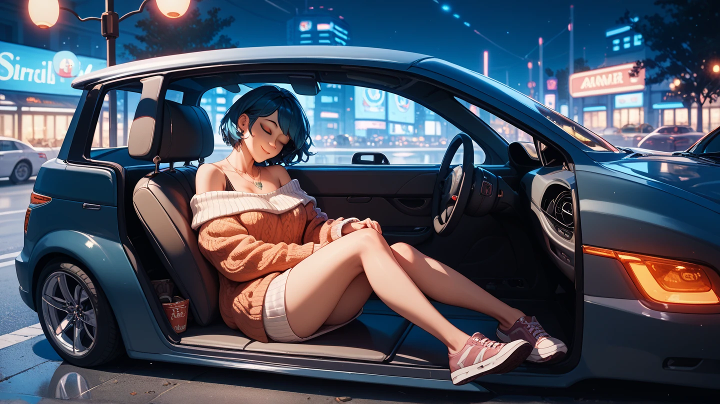 Beautiful Mistress,brown bun hairs, wearing purple boot-cut pants, wearing purple underwear, wearing black home sandals, handsome man, wearing suit, mistress sitting inside car , man lying down under driver chair , mistress puts her foot on man's face, foot on face, femdom, inside car , night