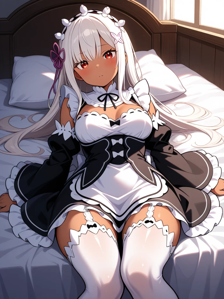 dark elf, dark skin,, magical collar, long white hair, long hair, blush, heart iris, heart eyes, big breasts, large breasts, slim body, medium body, deep blue eyes, slave, in a dark sex dungeon, on bed, submissive, shy, exposed, whispers of ecstasy, bound to her desire, shy, young, sexy, dainty body, maid costume, lolita maid dress, detached sleeves, subtle smile, short dress, subtle smile, large butt, strawberry blonde that its almost white.