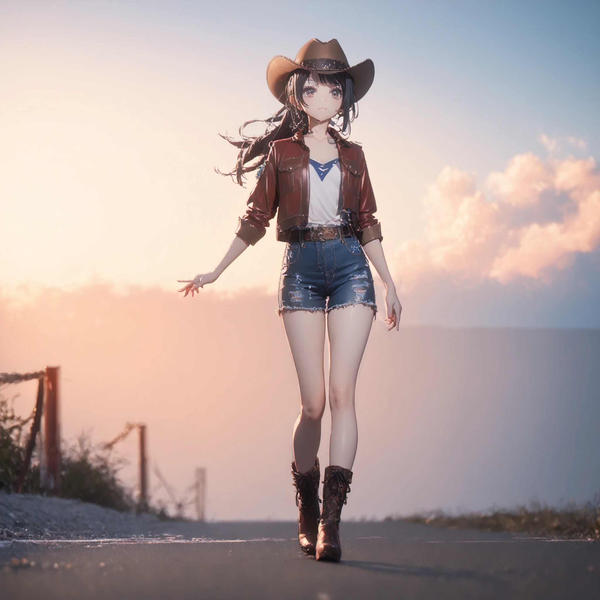 America's wild western wilderness in the bright red summer , Adult Female dark eyes black hair Walking Along the Road , Full Body Portrait small breasts、Women Are Western Cowboy Costumes , Cowboy hat,Leather Boots, ponytail ,sketchanime,PonyScores,score_9, score_8_up, score_7_up, Trending on pixiv, (Anime style:0.8), masterpiece, Highest Quality, amazing quality,soft light, Ultra High Definition, (PHOTO REALISTIC:1.0), RAW photos , very aesthetic, side angle, detailxl,3DMM,