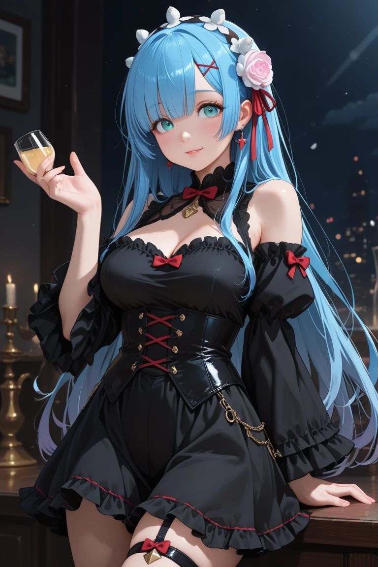 ((A sexy and beautiful woman holding a wine glass and looking at me on the terrace)), ((The cutest 22-year-old beauty)), Charming smile, ((Fireworks in the background) ), ((Very long hair) ), ((One piece with a lot of exposed parts)), ((Rich bust)), Gradient eyes, Seductive makeup, Single view, NFFSW, UHD, Retina, Masterpiece, Accurate, Anatomy Scientifically correct, textured skin, super detail, high detail, high quality, award winning, highest quality, high resolution, 1080P, HD, 4K, 8k, 16k