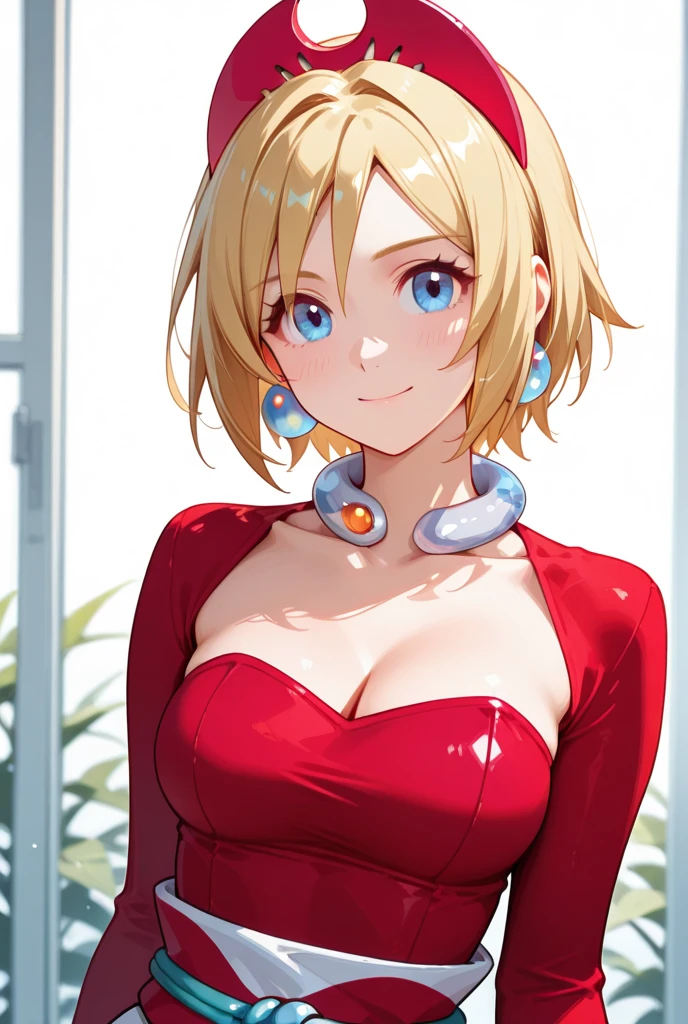 swim wears、hposing Gravure Idol、Blonde hair T-Masterpiece， best qualtiy， 1girll， Sakura Haruno， Large breasts，（cleavage)，（upper body closeup)，Raised sexy，is shy，ssmile，