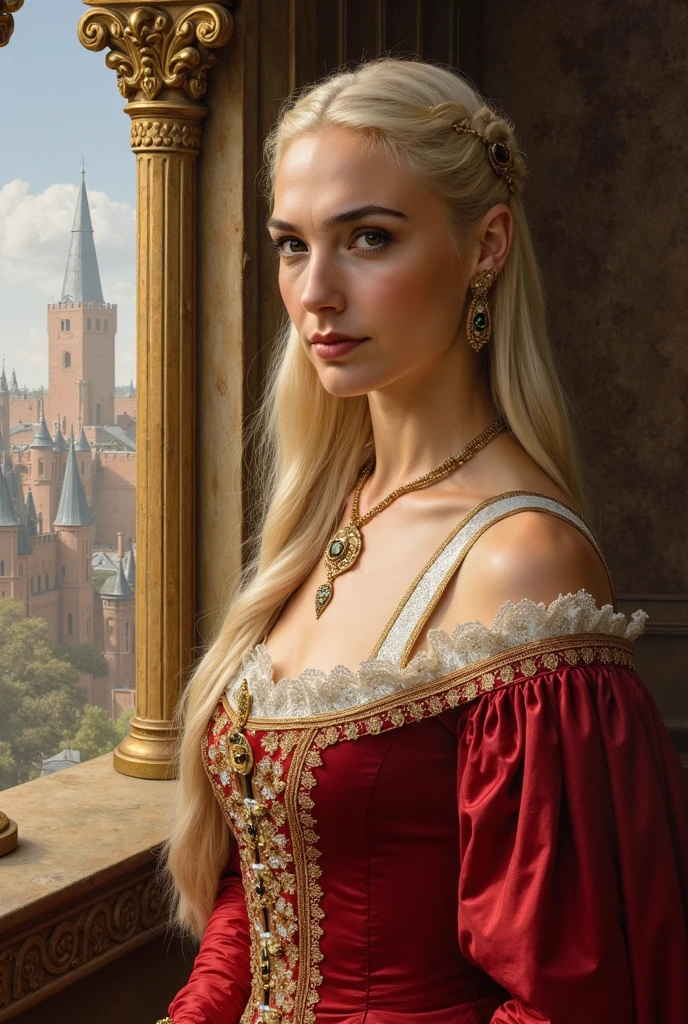A young beautiful woman of House Targaryen, chubby figure, white haired, long messy hair, tied hair, sharp look. Medieval dress, ruby ​​jewelry, dark red clothes, corset. Sitting on wheelchair. Outdoors, Gothic castle balcony, flowers balcony, daytime. Portrait. ((Masterpiece, Best Quality, Highest Image Quality, High Resolution, Photorealism, RAW Photos, 8k)),