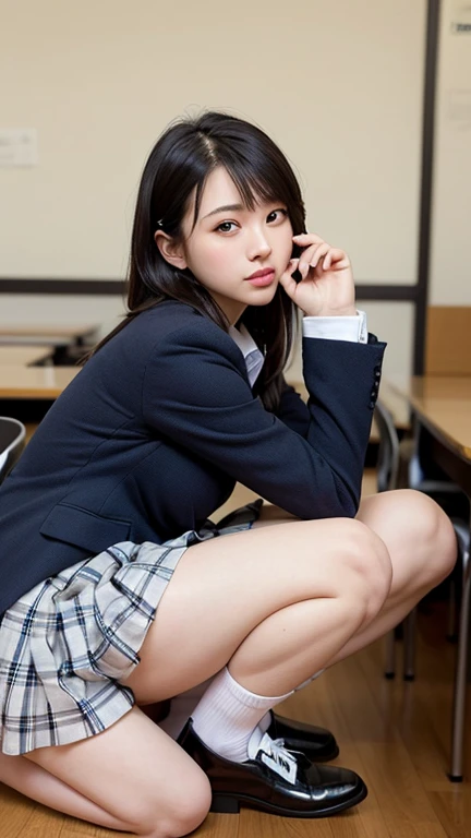 masterpiece, Highest quality, figure, Very detailed, Fine details, High resolution, 8K,wallpaper, Perfect dynamic composition,(Detailed high quality, Realistic depiction of eyes:1.3), From the side, High school classroom、 uniform、blazer 、Super Short Check Uniform Skirt、Navy blue knee-high socks、garter belt、huge 、Disheveled uniform, short hair, (Wavy Hair:1.2), Short Bob Hair, Black hair color, Large Breasts, Big Natural Color Lip, Acrobatic pose, Perfect figure, Crying a little、Cold Stare, Harajuku Style、20-year-old girl、Cute type, Beautiful feet, Gravure idol pose, Voluptuous thighs
