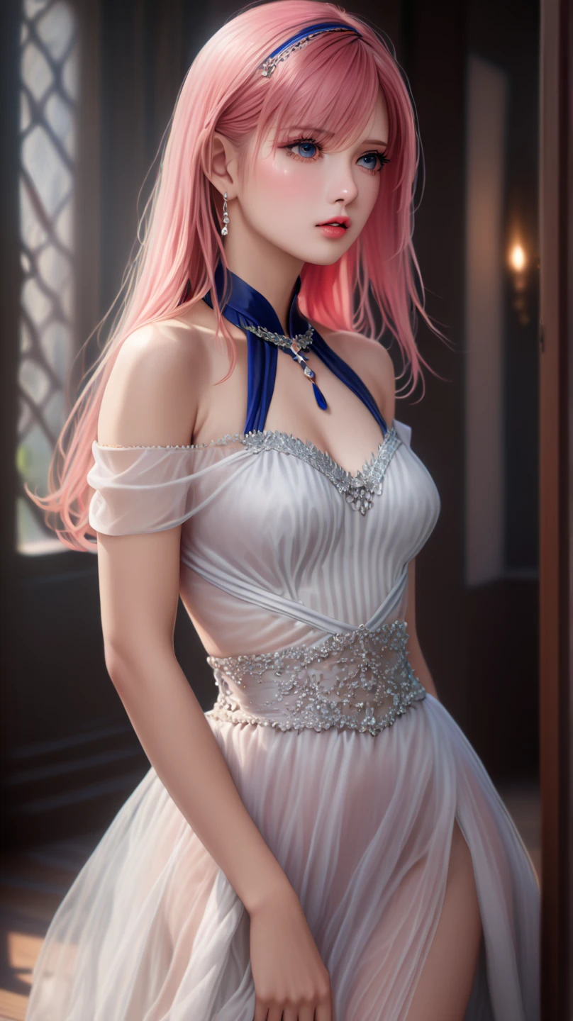 A pink-haired girl wearing a blue-and-white low-cut openwork evening dress covered with diamonds goes to the banquet，The sky is bright and the moon is high。