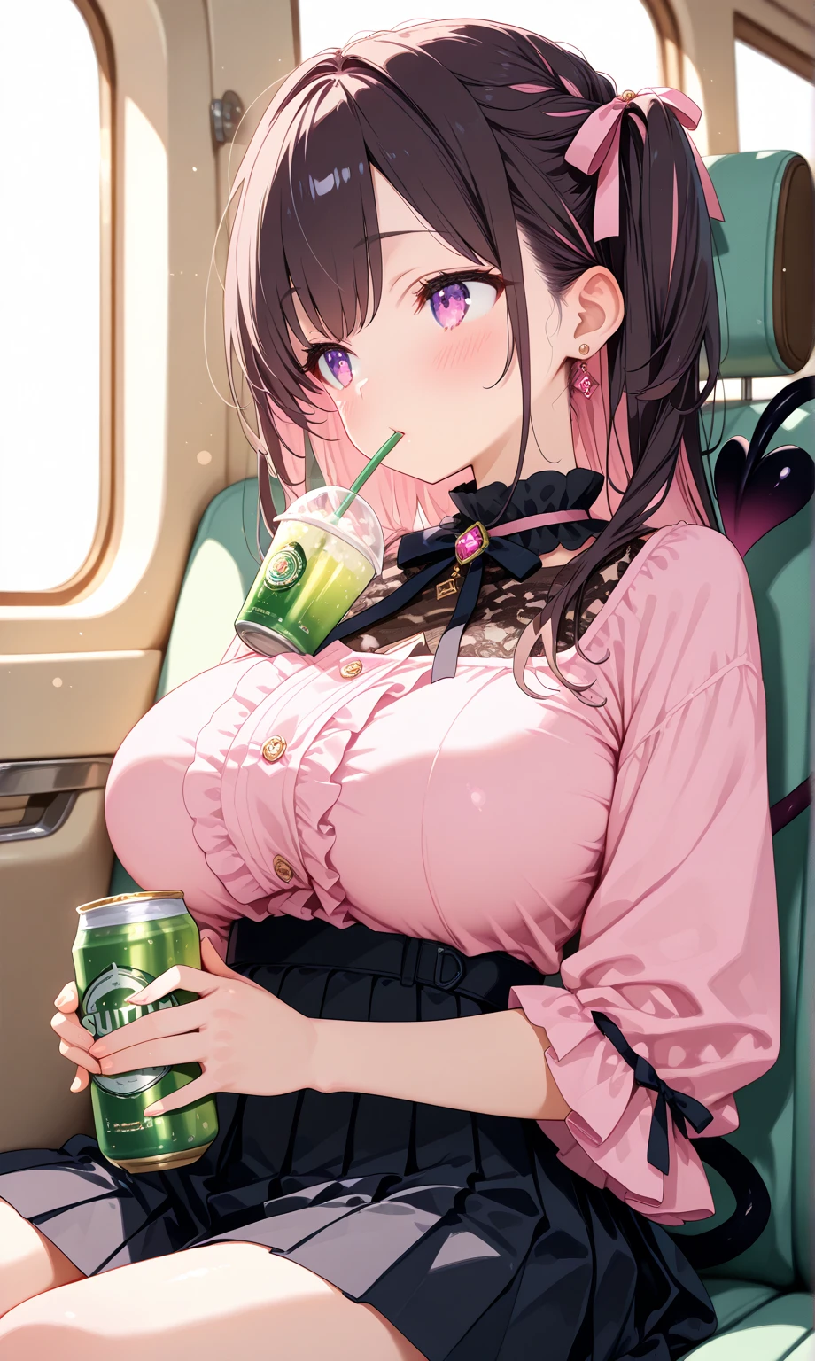 highest quality、High resolution、detailed background、beautiful and detailed face、beautiful and smooth skin、skin texture、Beautiful girl in her 20s、(two beautiful girls:1.5)、(huge breasts:1.3)、(with a happy expression on her face, She lifts up her skirt and shows me her panties.:1.5)、emphasize the chest、emphasize cleavage、pink and black floral embroidery bra、pink and black floral embroidery panties、braided hairstyles、(Inside the plane、in flight、flight attendant uniform)、Providing food and drinks、Accommodating special dietary requirements.、sexual expression、panty shot、cute、camel toe