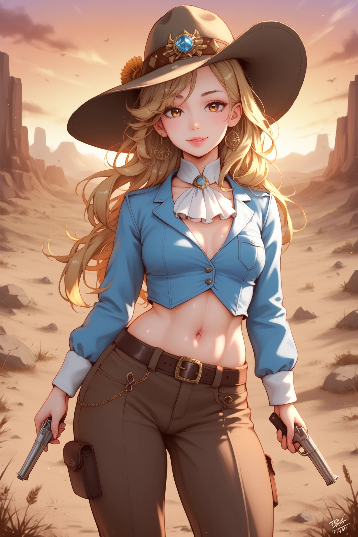 one girl, solo, 18-year-old blonde beauty, pale blue eyes, carefree demeanor, delicate frame, long blonde hair cascades down her back, her hair is framing her heart-shaped face, eyes hold a sparkle of excitement, wonderful smile, (perfect anatomy), perfect hands, perfect face, perfect eyes, cowboy hat, denim fringe detailing jeans, cowboy boots, cowboy hat, Concho belts, tucked in black tank top, cleavage, red scarf, cropped denim jacket, ((Seductive pose)) (cinematic lighting, perfect lighting), (cinematic angle), (vivid colors), very detailed. very high resolution, sunset, realism, farm, 1980s western setting