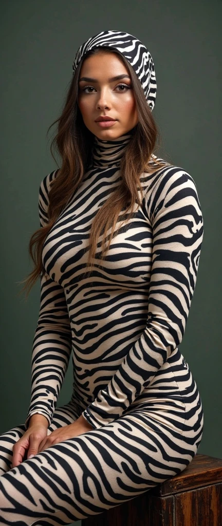 A thin and beautiful asian muslimah muslim woman with beautiful lips wears zebra print lycra turtleneck unitard catsuit.She always wear cotton zebra print hijab.She is my favourite teacher.