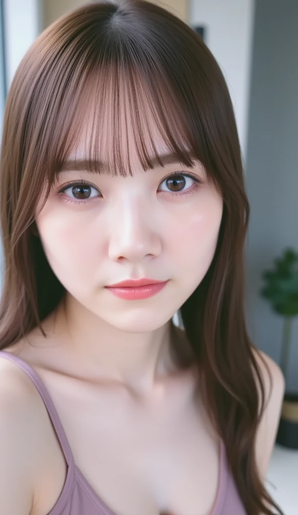 (((Straight, shoulder-length, brown mini bob)))、(((目が細くLight eye makeup)))、((Her Room)), Half Japanese and half Korean、25-year-old woman、independent、cute,beautiful, fun、(((Embarrassing, blush))), Light eye makeup、Brown Hair Color, 平均的なbeautiful女性, Ultra-realistic faces、smileの表情、look up、Detailed glossy hair, beautiful髪,Pleasant lighting effects、 Ultra-Realistic Capture、Very detailed、High resolution 16k human skin closeup、((Natural skin texture, Detailed skin、Healthy Skin)), Even Tone, Natural light, Natural Color、High quality photos taken by modeling agencies, To the audience:, smile